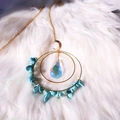 Detail of bohemian gold ring necklace with blue turquoise stones and moon pendant - Turquoise Chips + Raindrop Crystal