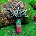 Triple Moon Goddess necklace with wire-wrapped crystal on mossy wooden log - Natural / Triple Moon Green Rose Red Crystal Necklace