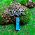 Detail of handcrafted triple moon necklace featuring blue crystal and wire wrap design - Natural / Triple Moon Blue Crystal Necklace