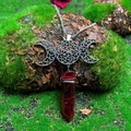 Triple moon goddess necklace with silver hollow pendant and red crystal on moss - Natural / Triple Moon Dark Red Crystal Necklace