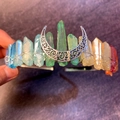 Detail of handmade rainbow crystal crown with silver moon and wire-wrapped stones - Crescent Style