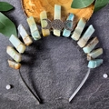 Detail of crystal bridal crown with raw stones and silver triple moon emblem on stone base - Amazonite Silver Wire Silver Headband + Triple Moon
