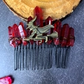 Macro detail of red crystal hair comb with bronze witch and broom charm ornament - Deep Red Crystal With Antique Bronze Witch