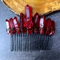 Detail view of deep red natural crystal hair comb with rose relief and wire-wrapped finish - Deep Red Crystal With Red Flower