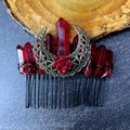 Detail of bohemian deep red crystal hair comb with metallic moon and rose decoration - Deep Red Crystal With Large Moon And Flower