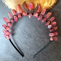 Handmade aura pink crystal crown with moon charm on a black bohemian headband - Aurora Red Crystal Black Moon Black Headband