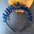 Close-up of gothic crystal crown with blue raw stones and silver crescent moon detail - Deep Blue Crystal Black Moon Black Headband