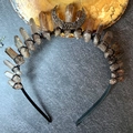 Close-up of handmade moon goddess tiara with raw smoky quartz crystals and black wire - Smoky Quartz Color Crystal Black Moon Black Headband