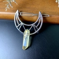 Detailed view of crescent moon hair clip with wire-wrapped raw yellow crystal pendant - Hollow Barrette / Yellow