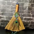Detail of amethyst life tree and peacock feathers on handcrafted altar broom - Lapis Lazuli Tree of Life with Top Crystal