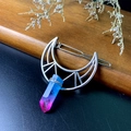 Silver crescent moon hair clip with blue and pink gradient crystal point pendant - Hollow Barrette / Navy Blue and Red