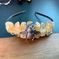 Handmade silver bee headband with natural raw yellow crystal stones in vintage style - Citrine & Bee