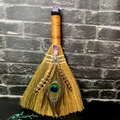 Handmade witch broom with natural amethyst crystals, peacock feathers and sun pendant - Sun