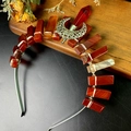 Detailed close-up of handmade quartz crystal crown with moon and red agate stones - Red Agate Crown