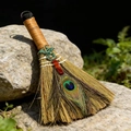 Handmade pagan altar broom with peacock feather, dragon charm and red crystal stone - Red Agate Viking Dragon Broom