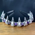 Gothic headband detail featuring silver crow skulls and purple amethyst beads on black wire - Silver Crow Skull Amethyst Beads / Silver