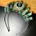 Detail of bohemian handmade headband with green raw crystals and silver crescent moon - Moss Agate Hollow Moon Style