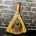 Detailed view of handmade altar broom with amethyst crystals and peacock feather - Small Triple Moon