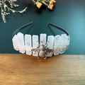 Detail of silver headband featuring raw white crystals and a metallic honeybee charm - Clear Quartz & Bee