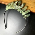 Detail of handmade silver crown headband with natural green crystal quartz and moon - Prehnite Hollow Moon Style