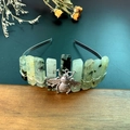 Detail of handmade crystal crown with bee charm and green quartz stones wire wrapped - Prehnite & Bee