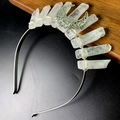 Detailed view of handmade crystal quartz points and moon pendant on a crown headband - Clear Quartz Hollow Moon Style