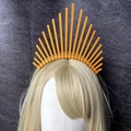 Detailed view of the gold Virgin Mary halo crown headband with radiating spikes for cosplay - Bright Fan Arrangement (款式11)