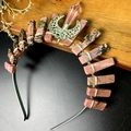 Detailed craftsmanship of handmade crystal crown featuring hollow moon and pink quartz stone - Rhodochrosite Crown