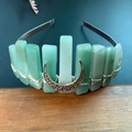 Detail of green aventurine crystals and silver moon wired on a bohemian crown headband - Green Aventurine + Moon
