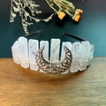 Macro shot of white crystal quartz points and vintage gold moon on handmade headband - White Crystal + Large Hollow Moon