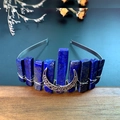 Handmade crown headband with dark blue natural crystals and a silver moon charm - Lapis Lazuli + Moon