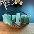 Detail of green crystal quartz crown with gold moon charm and silver wire wrapping - Green Aventurine + Large Hollow Moon