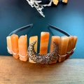Handmade orange crystal crown headband with silver moon ornament on a metal base - Red Aventurine + Large Hollow Moon