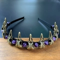 Gothic headband with bronze raven skulls and purple amethyst beads on black wire - Black Headband Antique Bronze Crow Amethyst Beads / Bronze
