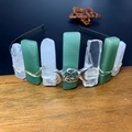Detail of bohemian crown with aventurine, quartz crystals and silver wire wrap - Green Aventurine + White Crystal + Triple Moon