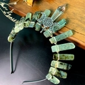 Handmade crown headband with light green crystals and silver hollow moon centerpiece - Prehnite + Triple Moon Crown