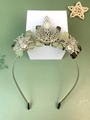 Detail of bohemian crown headband with green crystals, metal bees, and a pearl - Prehnite Bee Moon