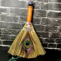 Handmade amethyst witch broom with peacock feathers and butterfly for altar decor - Butterfly