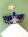 Detailed view of silver bee emblem and blue crystal stones on handmade headband crown - Lapis Lazuli Bee and Branch