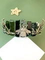 Detail of silver bee charm and green crystal stones on forest style crown headband - Moss Agate Bee and Branch