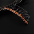 20-tooth black metal hair comb with orange-red natural crystal stones for women - Red Agate