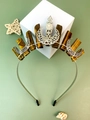 Detail of bohemian crown headband with tiger eye stones, metal moon and pearl - Tiger's Eye