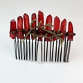 Detailed view of handmade gothic hair comb with red crystals and gold alloy branches - Deep Red Style Two
