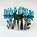 Detail of blue crystal hair comb with bronze witch on broomstick charm for hair - Blue Style Three