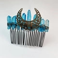 Natural crystal hair comb with bronze moon and blue stones on branch-style teeth - Blue Style 2