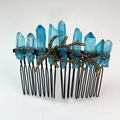 Detail of natural blue crystal hair comb with bronze metal branches on a black base - Blue Style 1