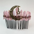 Handmade bohemian moon hair comb with pink raw crystal points and bronze accents - Pink Style 3