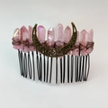 Macro detail of handmade pink aura crystal moon hair comb with bronze crescent charm - Pink Style One