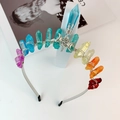 Detailed view of handmade rainbow crystal crown headband with silver moon and star accents - Multicolor Triple Moon Blue Pillar
