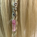Detail of pink crystal pendant hair rings on blonde braid with vintage silver spiral - Pink (08)